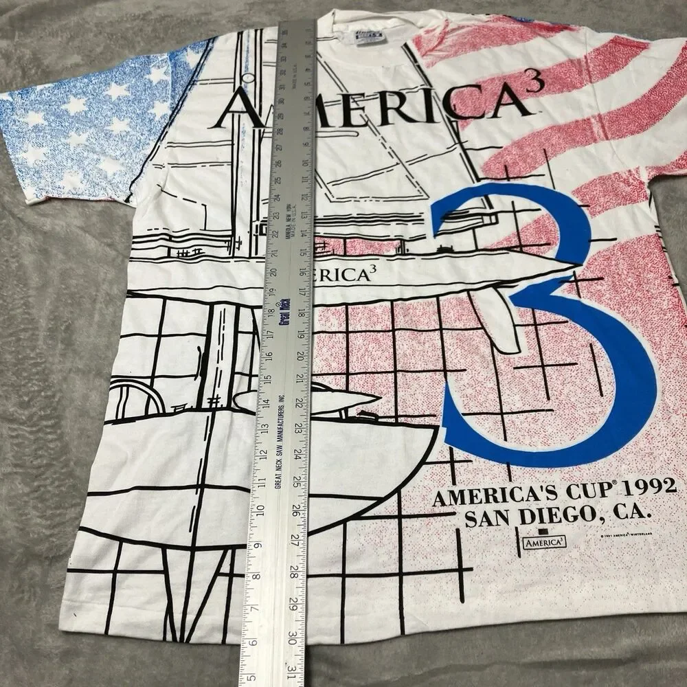 Vintage America’s Cup 1992 T Shirt Mens L White‎ Hanes USA Flag AOP Sailing Tee - Picture 4 of 11